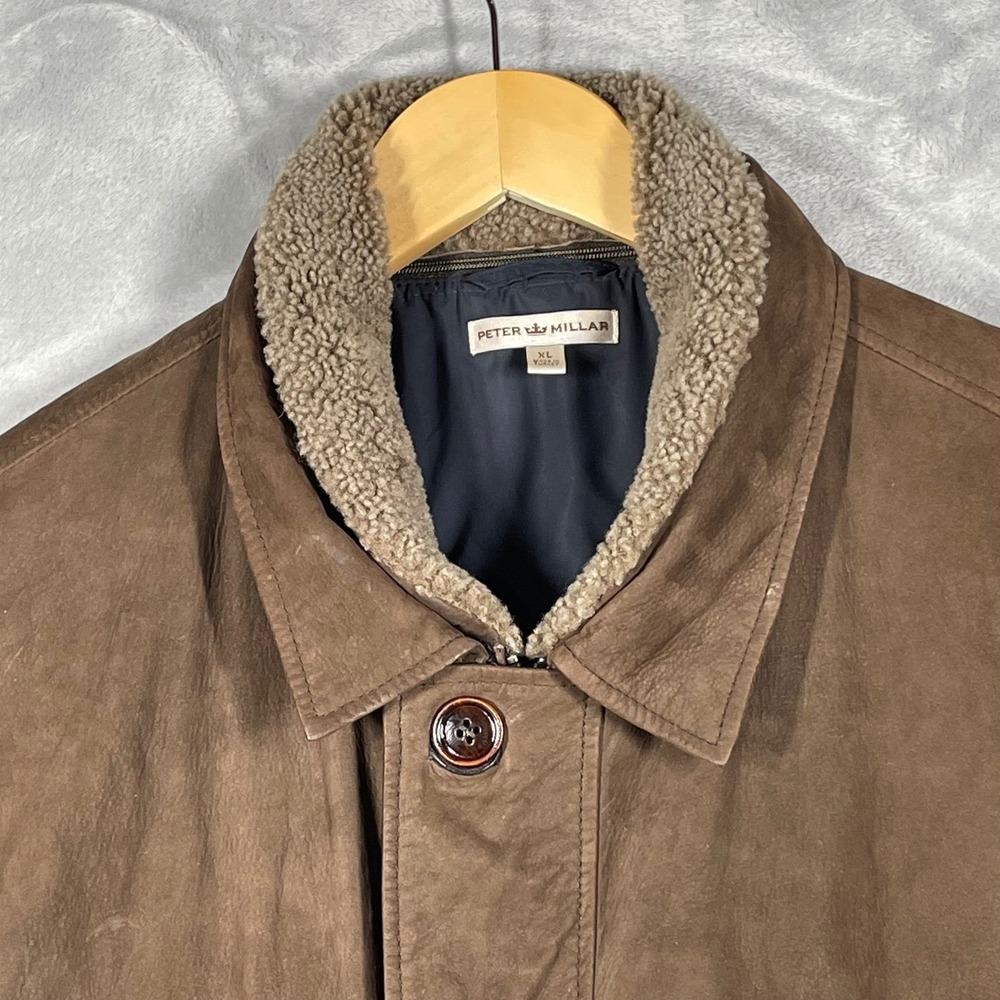 Peter Millar Brown Leather Sherpa Lined Detachable Collar Jacket Mens XL - Picture 2 of 14